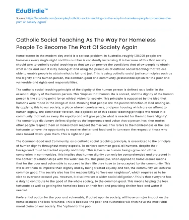 Catholic Social Teaching for Homeless Reintegration
