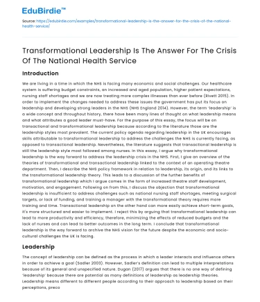 Transformational Leadership in National Health Crisis