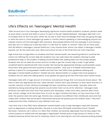 Adolescent Mental Health: The Influence of Life Experiences