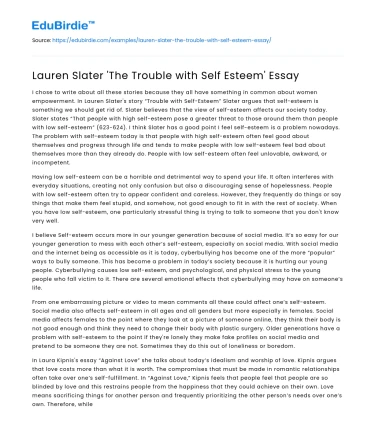 Lauren Slater ‘The Trouble with Self Esteem’ Essay