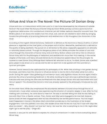 Virtue And Vice In The Novel The Picture Of Dorian Gray