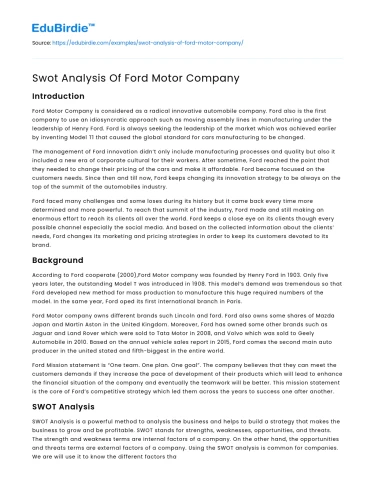 Swot Analysis Of Ford Motor Company