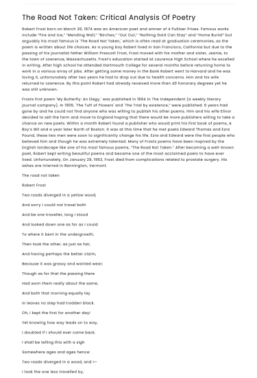 The Road Not Taken: Critical Analysis Of Poetry