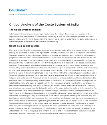 Critical Analysis of the Caste System of India