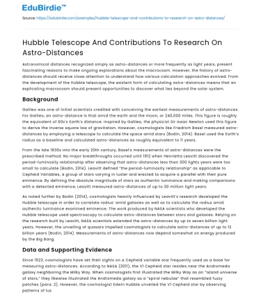 Hubble Telescope And Contributions To Research On Astro-Distances