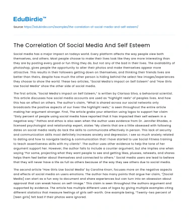 The Correlation Of Social Media And Self Esteem