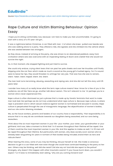 Rape Culture and Victim Blaming Behaviour: Opinion Essay