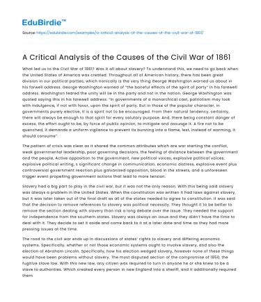 A Critical Analysis of the Causes of the Civil War of 1861