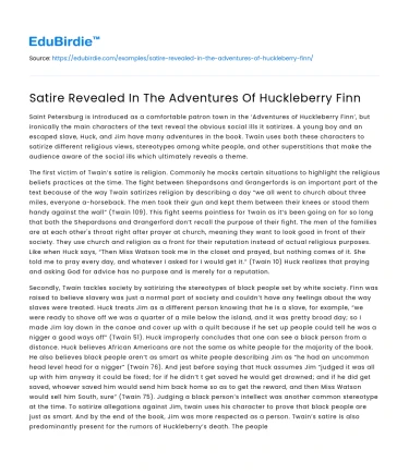 Satire Revealed In The Adventures Of Huckleberry Finn