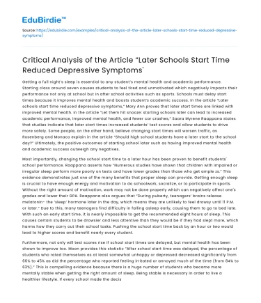 Analysis of Article: Later School Start Time Reduces Depressive Symptoms