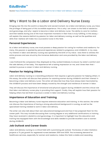 Why I Want to Be a Labor and Delivery Nurse Essay