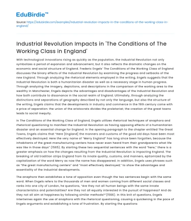 Impacts of Industrial Revolution on Working Class in England
