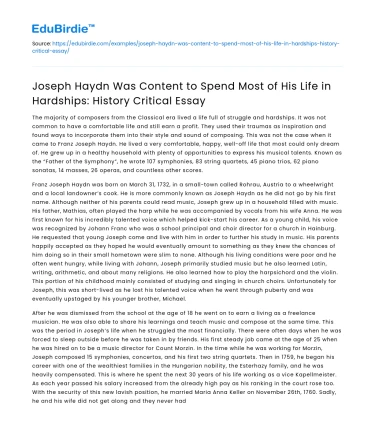 Joseph Haydn’s Life in Hardships: History Critical Essay