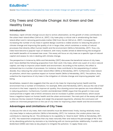 City Trees and Climate Change: Act Green and Get Healthy Essay