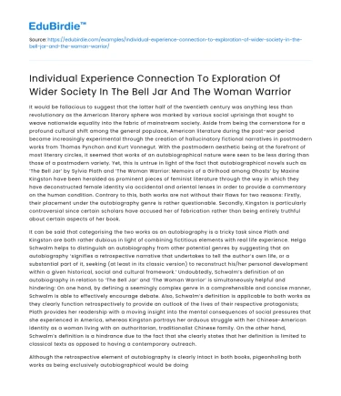 Individual Experience in The Bell Jar and The Woman Warrior