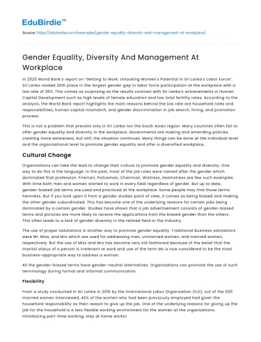 Gender Equality, Diversity And Management At Workplace