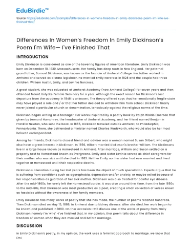 Gender Differences in Dickinson’s Poem I’m Wife—I’ve Finished That