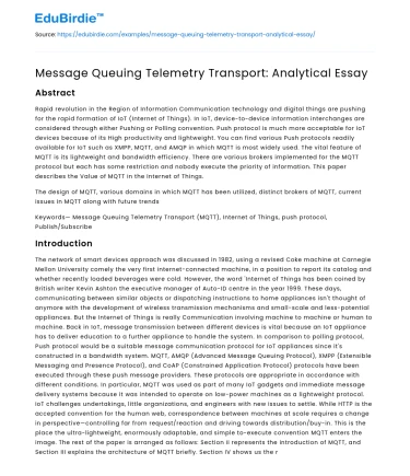 Message Queuing Telemetry Transport: Analytical Essay
