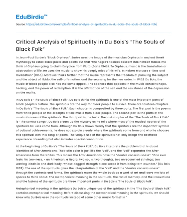 Critical Analysis of Spirituality in Du Bois’s “The Souls of Black Folk”