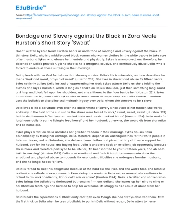 Bondage and Slavery in Zora Neale Hurston’s ‘Sweat’