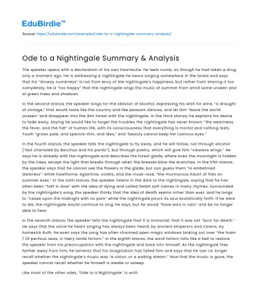 Ode to a Nightingale Summary & Analysis