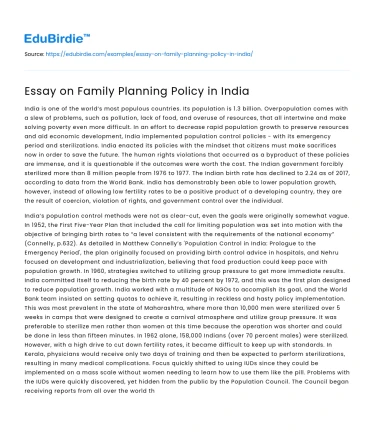 Essay on Family Planning Policy in India