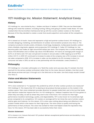 YETI Holdings Inc. Mission Statement: Analytical Essay