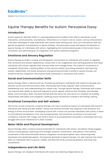 Equine Therapy Benefits for Autism: Persuasive Essay