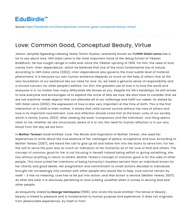 Love: Common Good, Conceptual Beauty, Virtue