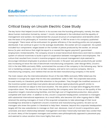 Critical Essay on Lincoln Electric Case Study
