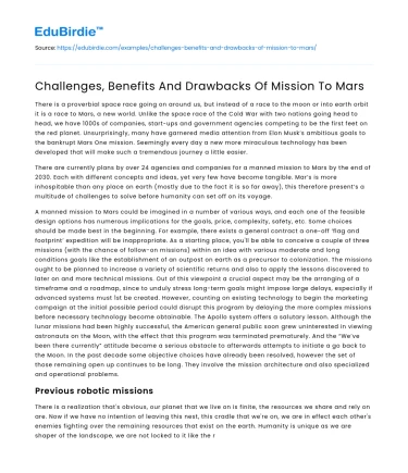 Challenges, Benefits And Drawbacks Of Mission To Mars