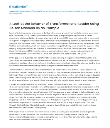 Behavior of Transformational Leaders: Nelson Mandela’s Example