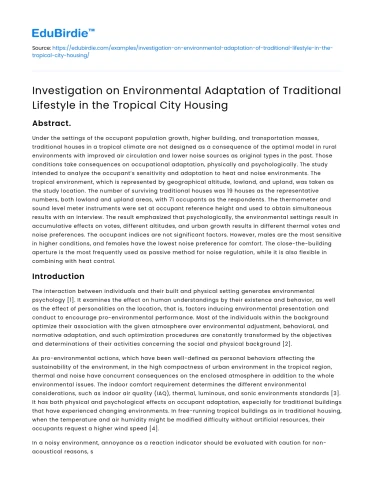 Environmental Adaptation of Traditional Lifestyle in Tropical Cities
