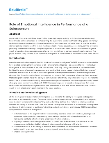 Role of Emotional Intelligence in Performance of a Salesperson