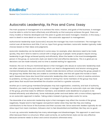 Autocratic Leadership, Its Pros and Cons: Essay
