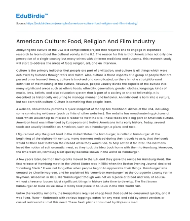 American Culture: Food, Religion And Film Industry