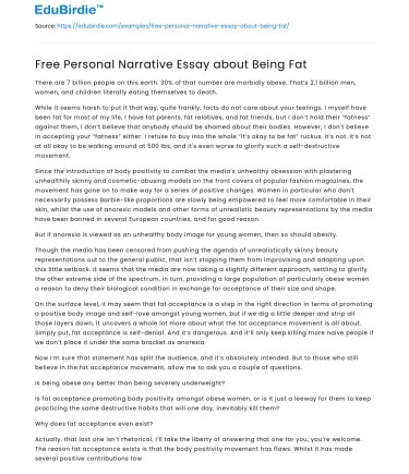 Free Personal Narrative Essay about Being Fat