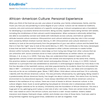 African-American Culture: Personal Experience