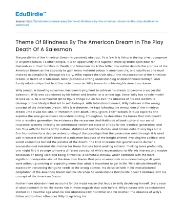 Theme Of Blindness By The American Dream In The Play Death Of A Salesman