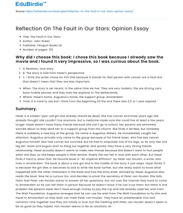 Reflection On The Fault in Our Stars: Opinion Essay