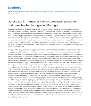 Othello Act 1: Racism, Jealousy, Deception, Love in Iago/Rodrigo