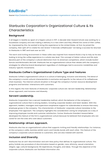 Starbucks Corporation’s Organizational Culture & Its Characteristics