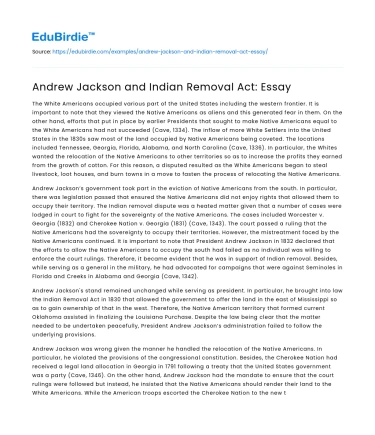 Andrew Jackson and Indian Removal Act: Essay