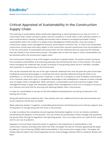 Critical Appraisal of Sustainability in the Construction Supply Chain