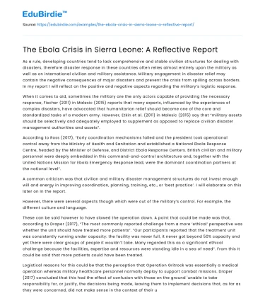The Ebola Crisis in Sierra Leone: A Reflective Report