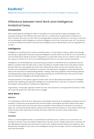 Difference between Hard Work and Intelligence: Analytical Essay