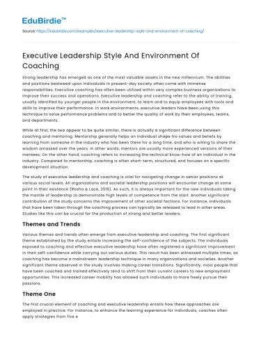 Executive Leadership Style And Environment Of Coaching