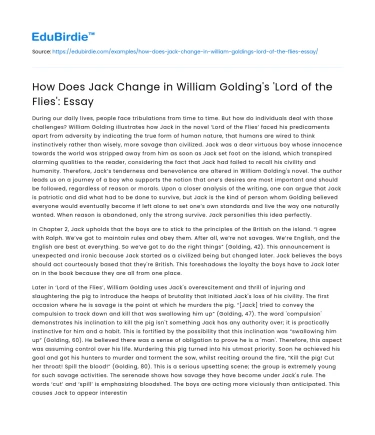 How Does Jack Change in William Golding’s ‘Lord of the Flies’: Essay