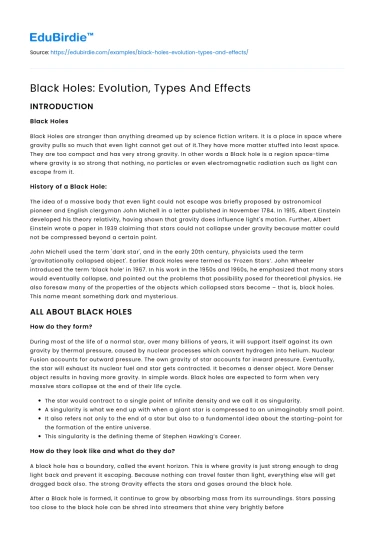 Black Holes: Evolution, Types And Effects