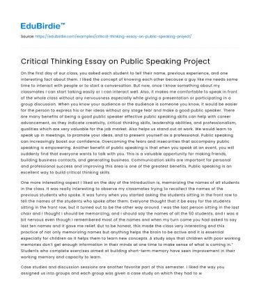 Critical Thinking Essay on Public Speaking Project
